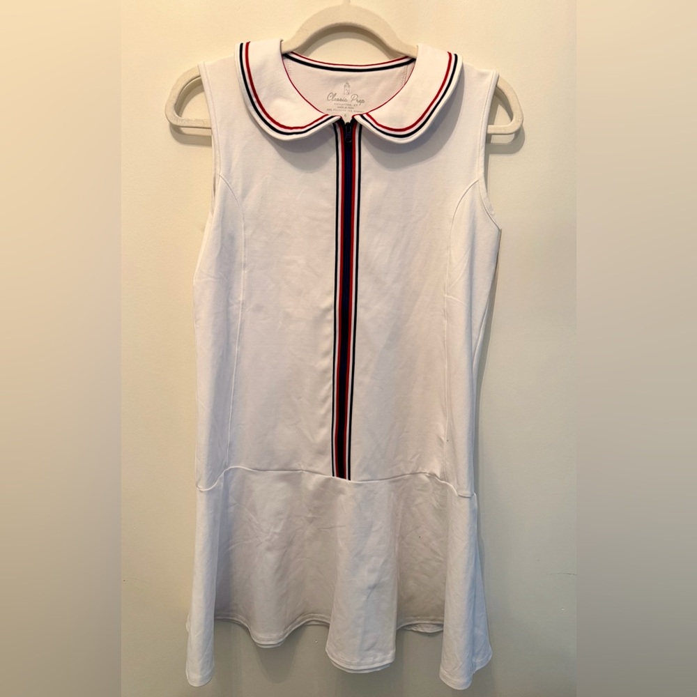 Classic Prep Tennis Dress with Red and Navy Stripes and Zipper Closure